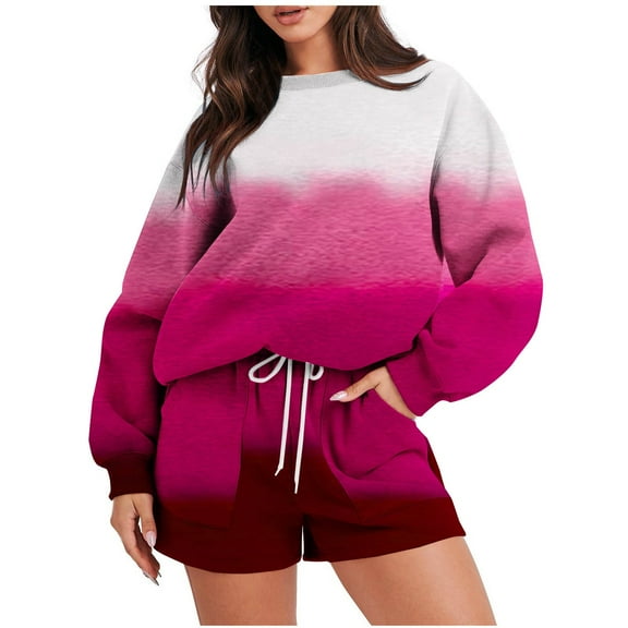 Annhoo Workout Sets for Women 2 Piece Gradient Color Outfits Casual Long Sleeve Crewneck Sweatshirt with Shorts Tracksuit