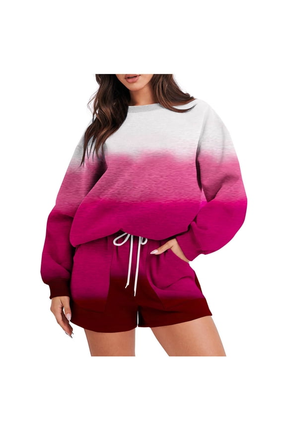 Workout Sets for Women 2 Piece Gradient Color Outfits Casual Long Sleeve Crewneck Sweatshirt with Shorts Tracksuit