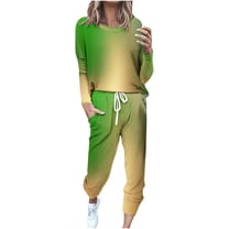 Annhoo Workout Sets for Women 2 Piece Gradient Colour Outfits Long Sleeve Round Neck Tops Trousers Plus Size Fall Clothes