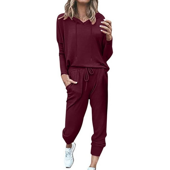 Annhoo Workout Sets for Women 2 Piece Long Sleeve Hooded Tops with Joggers Fall Fashion Solid Color Outfits
