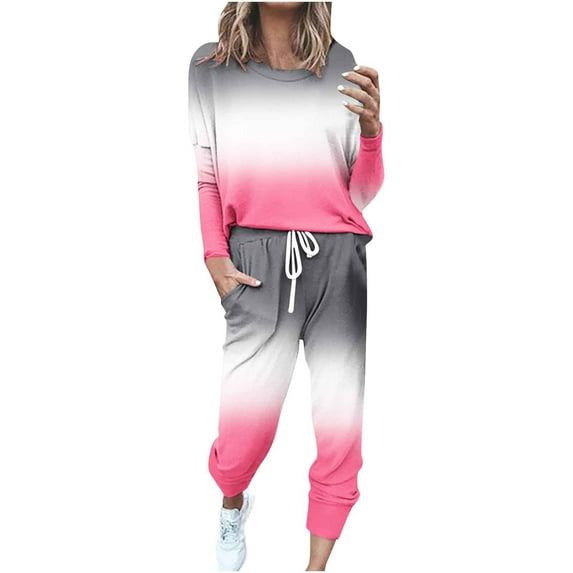 Annhoo Workout Sets for Women 2 Piece Long Sleeve Loose Round Neck T Shirts Drawstring Waisted Plus Size Clothing