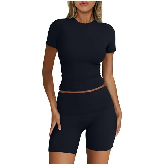 Annhoo Workout Sets for Women Summer Short Sleeve Crewneck Crop Tops and Biker Shorts Casual Sports Yoga Slim Outfits