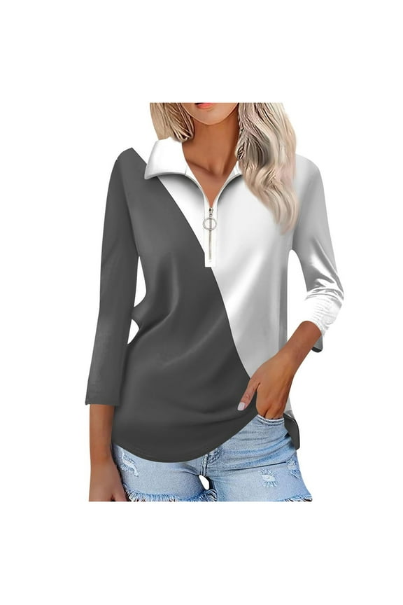 Workout Tops for Women Plus Size Zipper up 3/4 Sleeve Lapel Blouses Casual Color Block Tennis Shirts