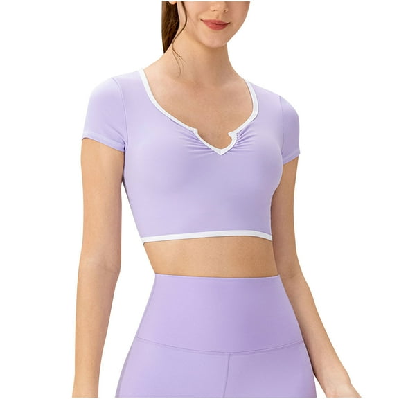 Annhoo Workout Tops for Women Summer Short Sleeve V Neck Cropped Tops with Bulit in Bras Quick Dry Activewear