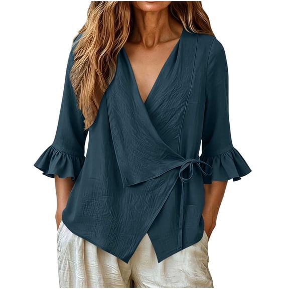 Annhoo Wrap Top for Women Cross-Deep V Neck Side Tie Knot Flared Ruffle 3/4 Sleeve Irregular Hem Dressy Vacation Top