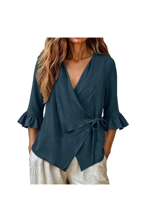 Wrap Top for Women Cross-Deep V Neck Side Tie Knot Flared Ruffle 3/4 Sleeve Irregular Hem Dressy Vacation Top