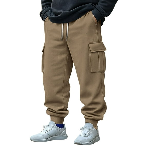 Annhoo cargo sweatpants for men elastic waist comfy outdoor trousers with pockets drawstring solid color casual pants