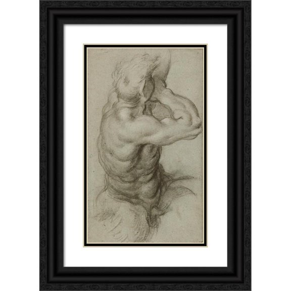 Annibale Carracci 12x18 Black Ornate Wood Framed Double Matted Museum Art Print Titled - Study of Triton Blowing a Conch Shell (1600)