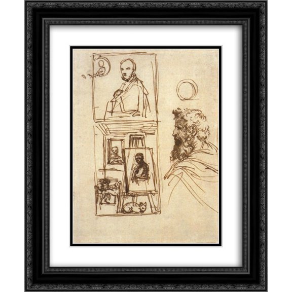 Annibale Carracci 2x Matted 20x24 Black Ornate Framed Art Print 'Preparatory drawing for Self-portrait on an Easel in a Workshop'