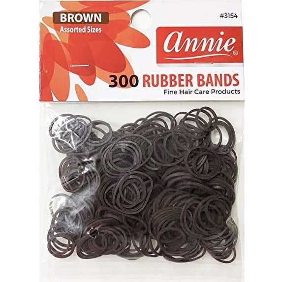 Annie Rubber Bands Assorted Sizes, 300 Count Elastic Hair Ties, Brown