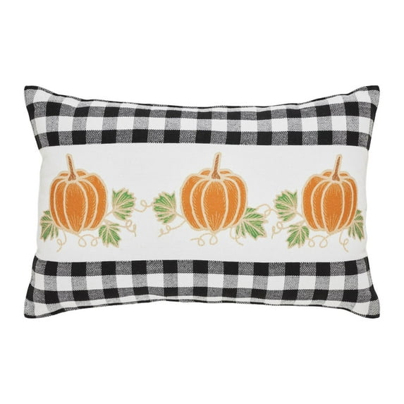 VHC Brands Annie Buffalo Black Check Pumpkin Patch Pillow Gingham Ruffle Cover Rectangle Autumn Fall 14 inches by 22 inches