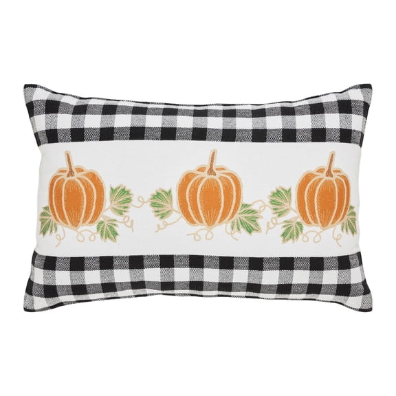 VHC Brands Annie Buffalo Black Check Pumpkin Patch Pillow Gingham Ruffle Cover Rectangle Autumn Fall 14 inches by 22 inches