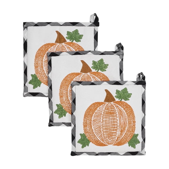 VHC Brands Annie Black Check Pumpkin Seasonal Fall Autumn Thanksgiving Halloween Table Decor for Kitchen Dining Room Party Gifts, Trivet 8x8 - Set of 3