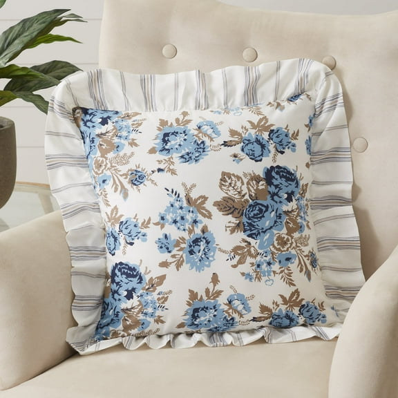 VHC Brands Annie Blue Floral Farmhouse Cottage Ruffled Throw Pillow 18x18