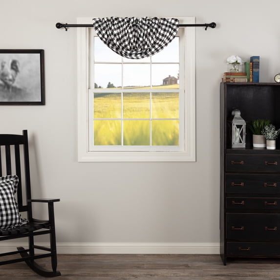 VHC Brands Annie Buffalo Check Cotton Farmhouse Kitchen Curtains Rod Pocket Balloon Valance, 15x60, Black