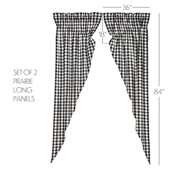 VHC Brands Annie Buffalo Check Cotton Farmhouse Curtains Rod Pocket Drawstring Ties Prairie Panel Pair, 84x36x18, Black