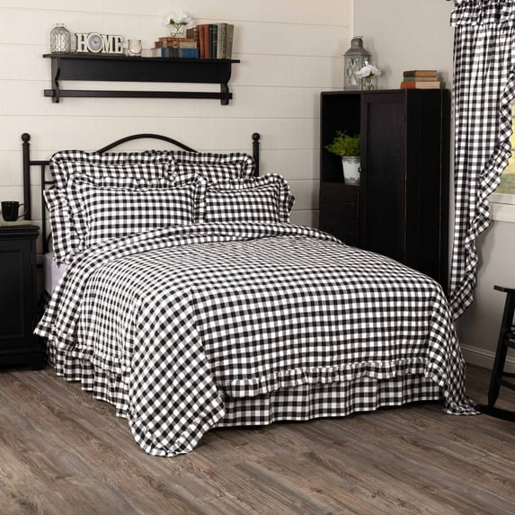 VHC Brands Annie Buffalo Check Cotton Farmhouse Bedding Pre-Washed King Coverlet, Quilt 105x95, Black Country