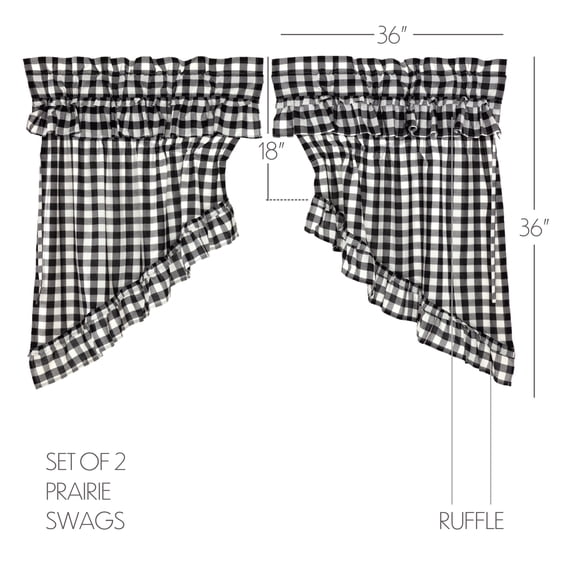 VHC Brands Annie Buffalo Check Cotton Farmhouse Kitchen Curtains Rod Pocket Drawstring Ties Ruffling Prairie Swag Pair, Black Country