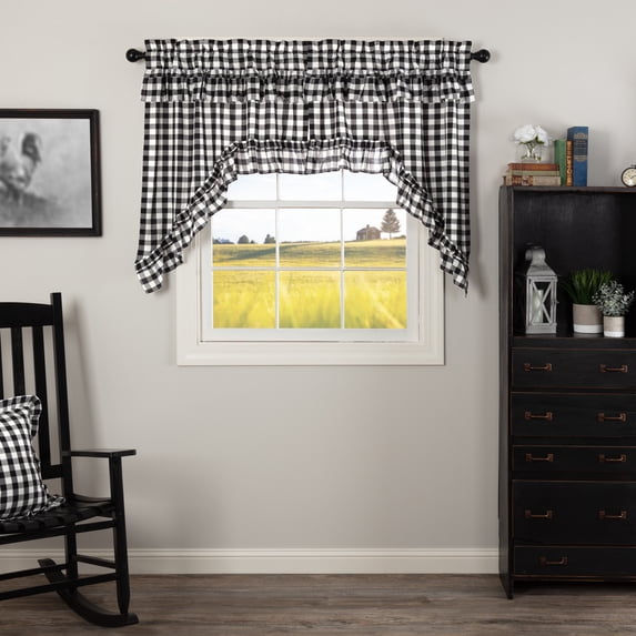 VHC Brands Annie Buffalo Check Cotton Farmhouse Kitchen Curtains Rod Pocket Hanging Loops Ruffling Swag Pair, Black Country