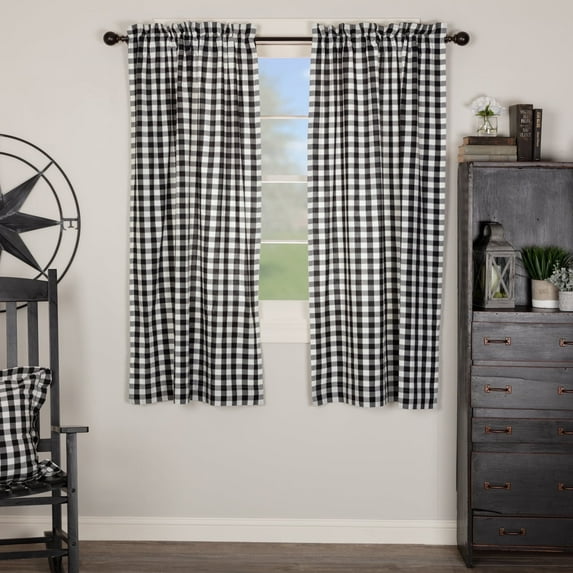 VHC Brands Annie Buffalo Check Cotton Farmhouse Curtains Rod Pocket Tie Back(s) Panel Pair, 63x36, Black
