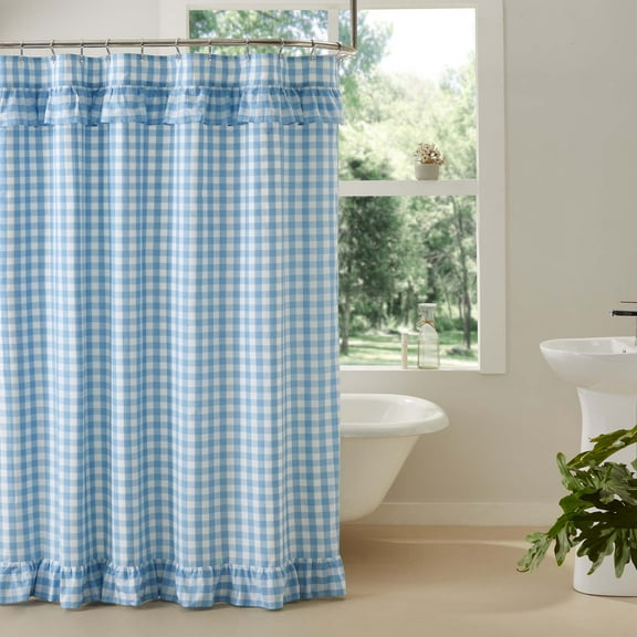 VHC Brands Annie Blue Buffalo Check Ruffled Cottage Farmhouse Shower Curtain 72x72