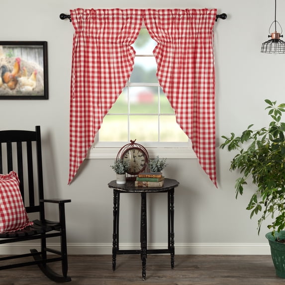 VHC Brands Annie Buffalo Check Cotton Farmhouse Curtains Rod Pocket Drawstring Ties Prairie Panel Pair, 63x36x18, Red