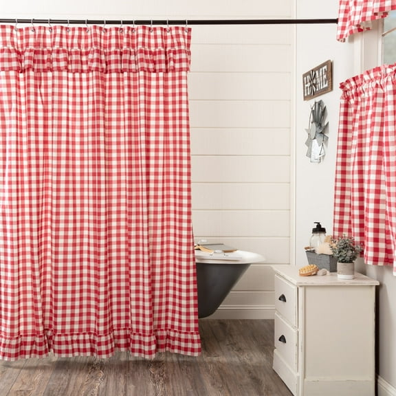 VHC Brands Annie Buffalo Check Cotton Farmhouse Bath Rod Pocket Button Holes Hooks Shower Curtain, Red Country