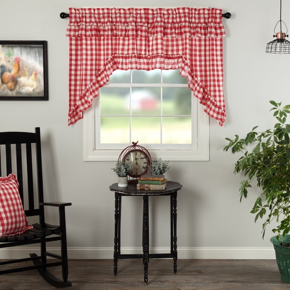 VHC Brands Annie Buffalo Check Cotton Farmhouse Kitchen Curtains Rod Pocket Hanging Loops Ruffling Swag Pair, Red Country