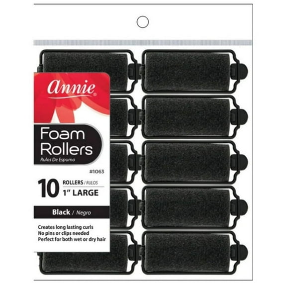 Annie Large 1" Foam Hair Rollers - Black - 10 Pcs.