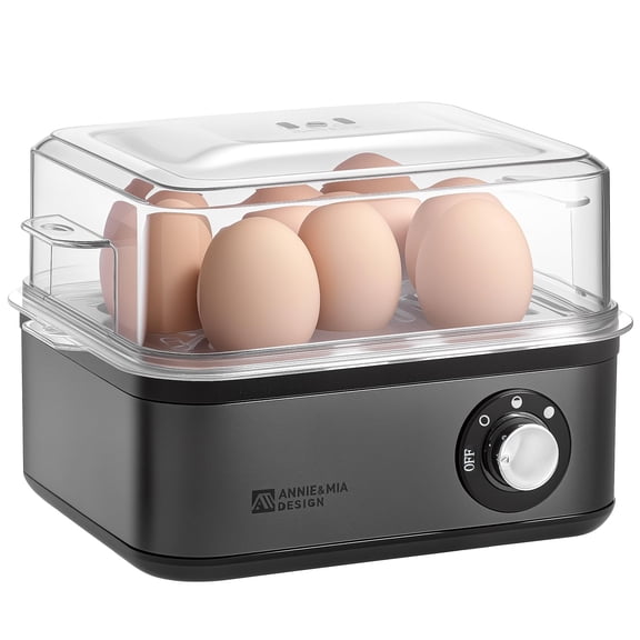 Annie & Mia Design Stainless Steel Electric Rapid Egg 8 Egg Capacity 500W, Soft/Medium/Hard Boiled Egg Boiler Poacher Steamer Omelet Maker, Knob Auto Shut-Off, with Recipe Guide Book (Black) Y101