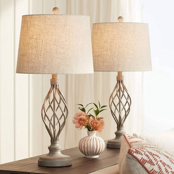 Annie Modern Industrial Table Lamps 28" Tall Set of 2, Weathered Sand Iron, Cream Tapered Drum Shade for Bedroom Living Room House Home Bedside Nightstand Office Entryway Family