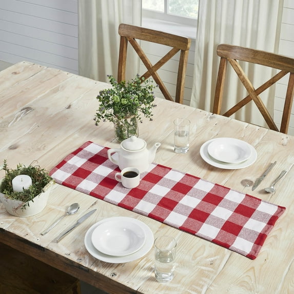 VHC Brands Farmhouse Christmas Decorations for Dining Room Kitchen Linens - Annie Red & White Check Table Runner - 12 x 36 Inches Long