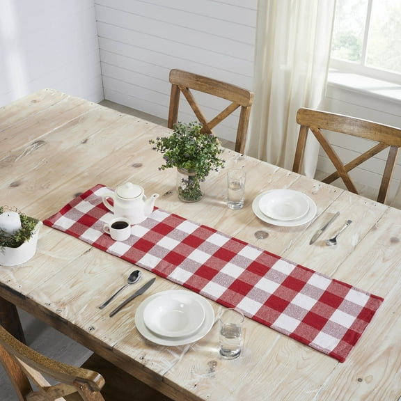 VHC Brands Farmhouse Christmas Decorations for Dining Room Kitchen Linens - Annie Red & White Check Table Runner - 12 x 48 Inches Long
