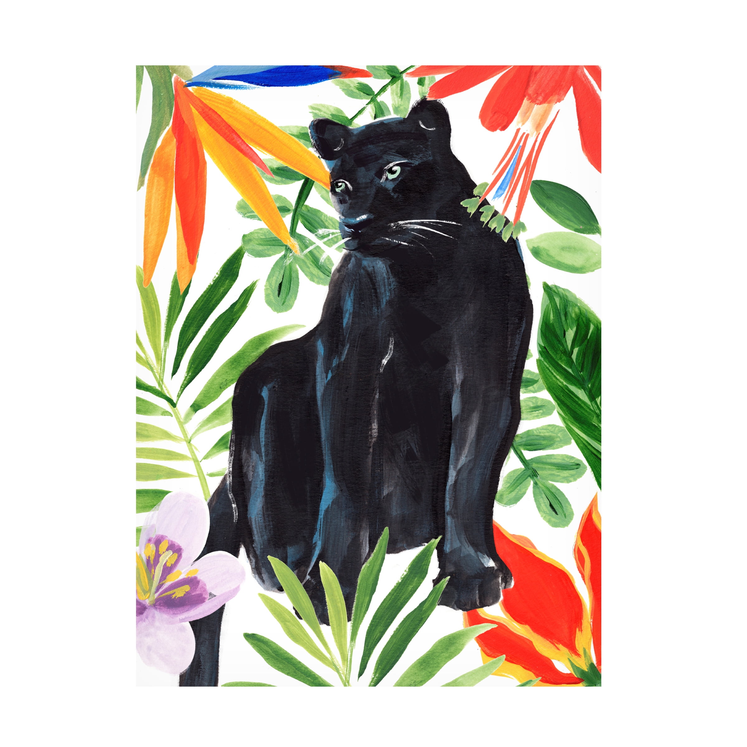 Large Black Panther Botanical Canvas Art in Vibrant Colors
