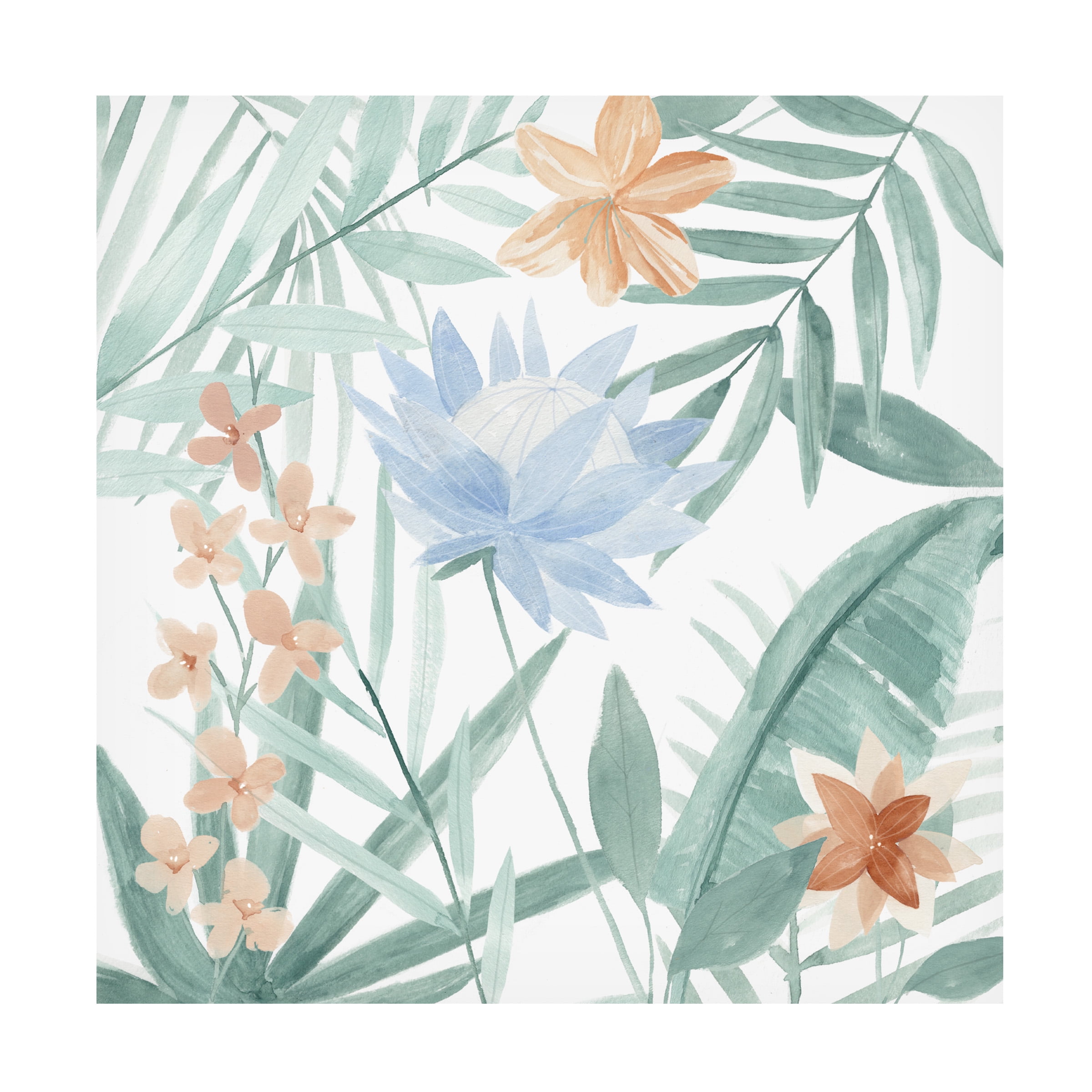 Tropical Floral Canvas Art in Light Blue and Tan, 18" x 18"
