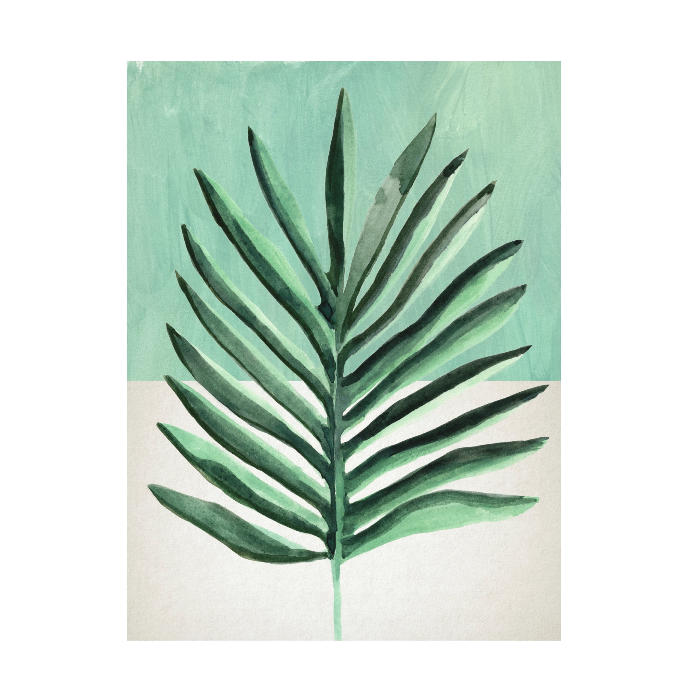 Green Palm Frond Canvas Art in Light Blue and White