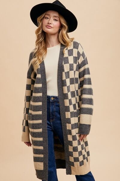 Checkered Open Front Long Sleeve Cardigan
