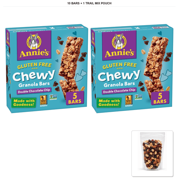 Annie's Chewy Granola Bars, Double Chocolate Chip, 10 Bars, 4.9 oz with 1 Bybies Trail Mix Pouch, 2 oz