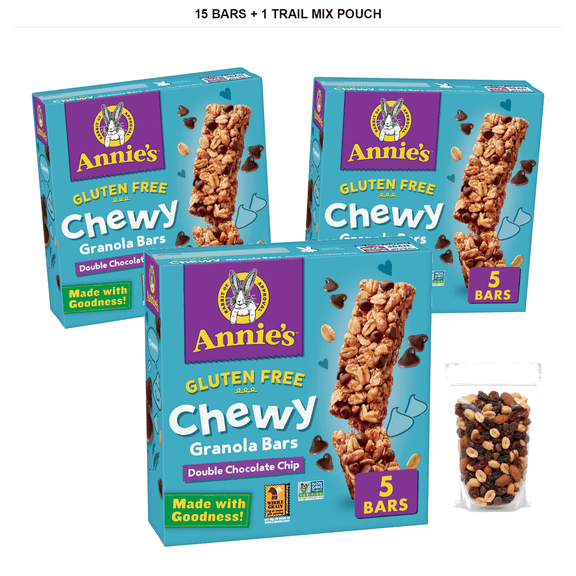 Annie's Chewy Granola Bars, Double Chocolate Chip, 15 Bars, 4.9 oz with 1 Bybies Trail Mix Pouch, 2 oz
