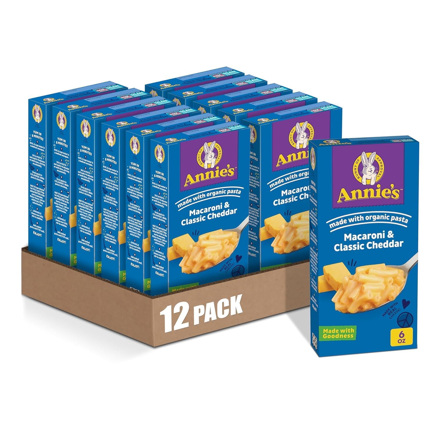 Annie's Macaroni and Classic Cheddar with NSD3&nbsp;Organic Pasta, Made with Real Cheese, Dinner Side or Snack, 6 oz (Pack of 12)