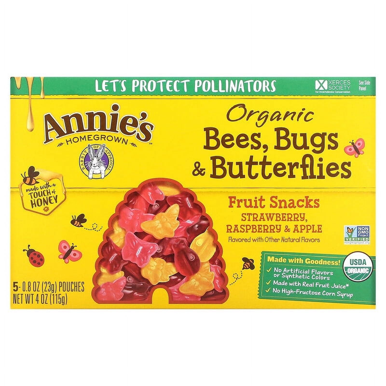 Annie's Homegrown, Organic Bees, Bugs & Butterflies Fruit Snacks, Strawberry, Raspberry & Apple , 5 Pouches, 0.8 oz (23 g) Each Pack of 3