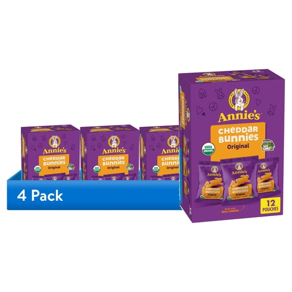(4 pack) Annie's Organic Cheddar Bunnies Baked Snack Crackers, 12 Pouches, 12 oz