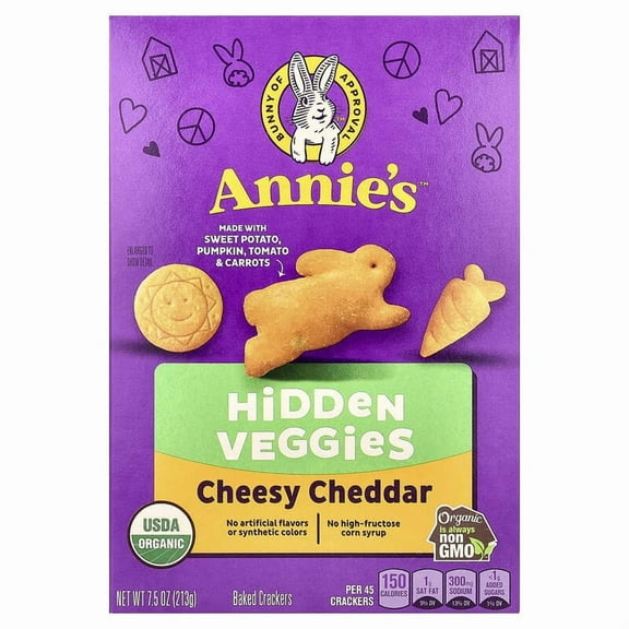 Annie's Homegrown, Organic Cheesy Cheddar Crackers with Hidden Veggies, 7.5 oz Pack of 3