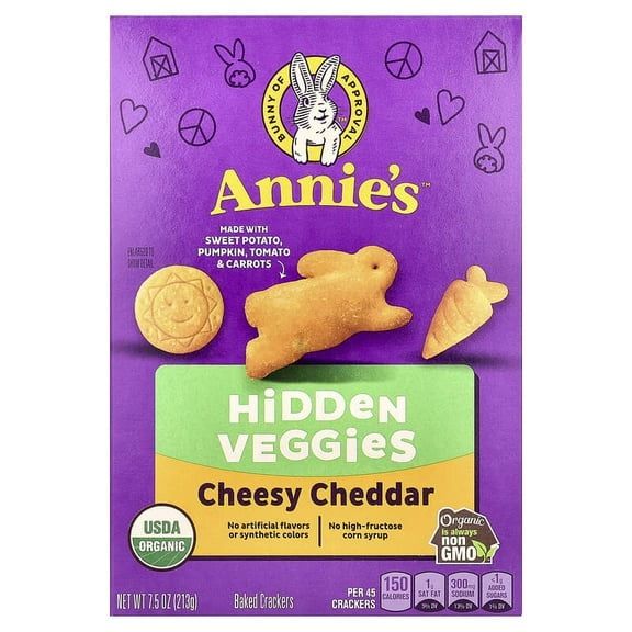 Annie's Homegrown, Organic Cheesy Cheddar Crackers with Hidden Veggies, 7.5 oz Pack of 4