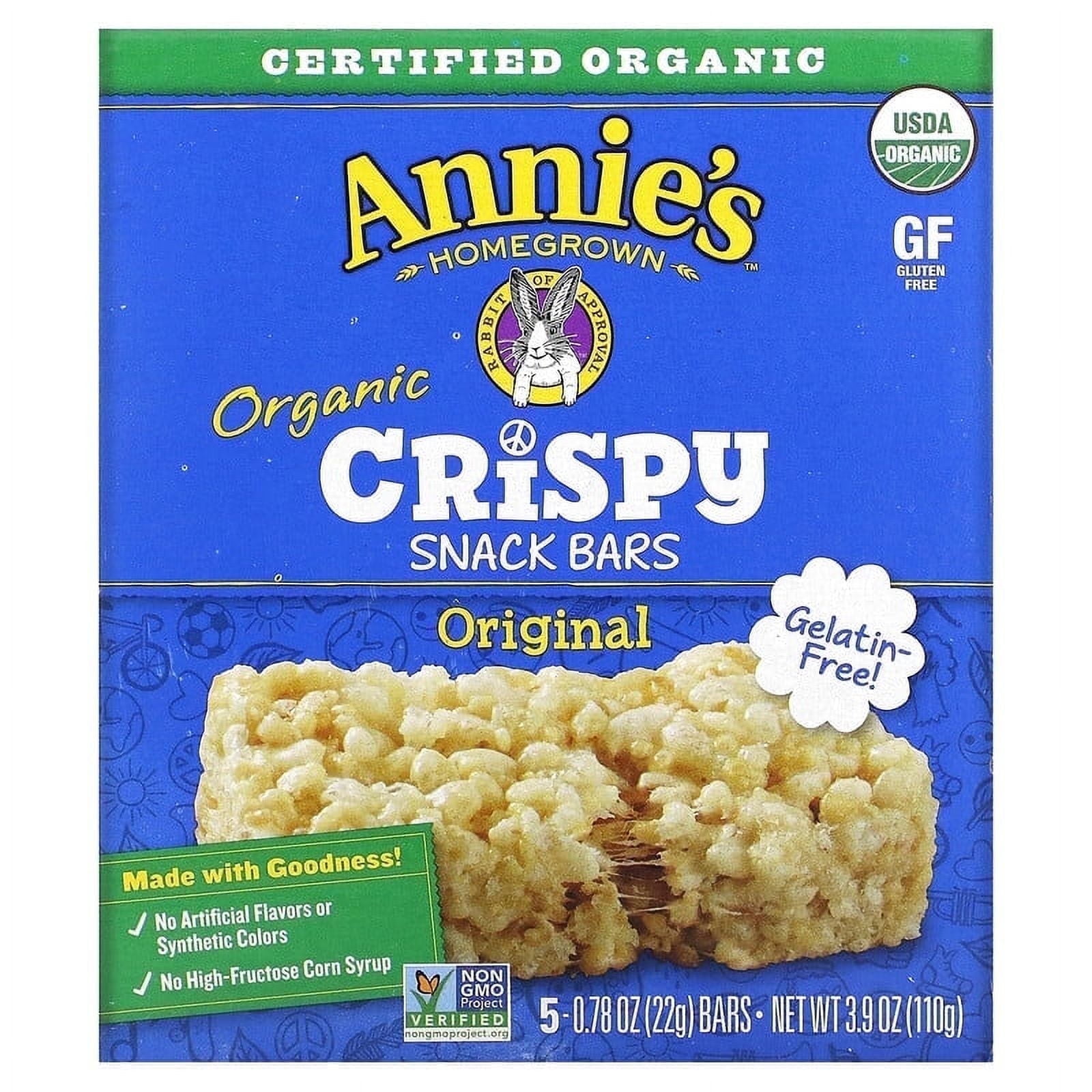Annie's Homegrown Organic Crispy Snack Bars Original -- 5 Bars Pack of 4