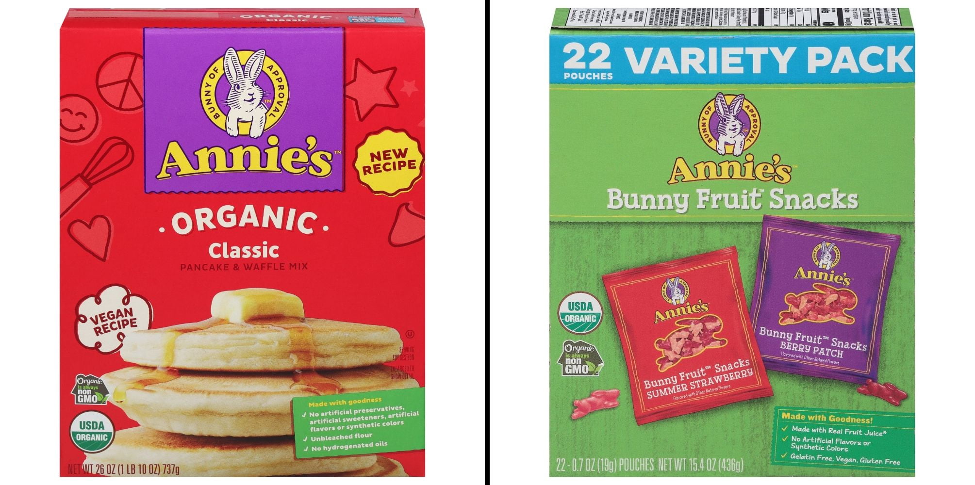 Annie's Homegrown Organic Pancake & Waffle Mix 26 oz & Annie's Bunny Fruit Snacks Variety Pack 22 ct