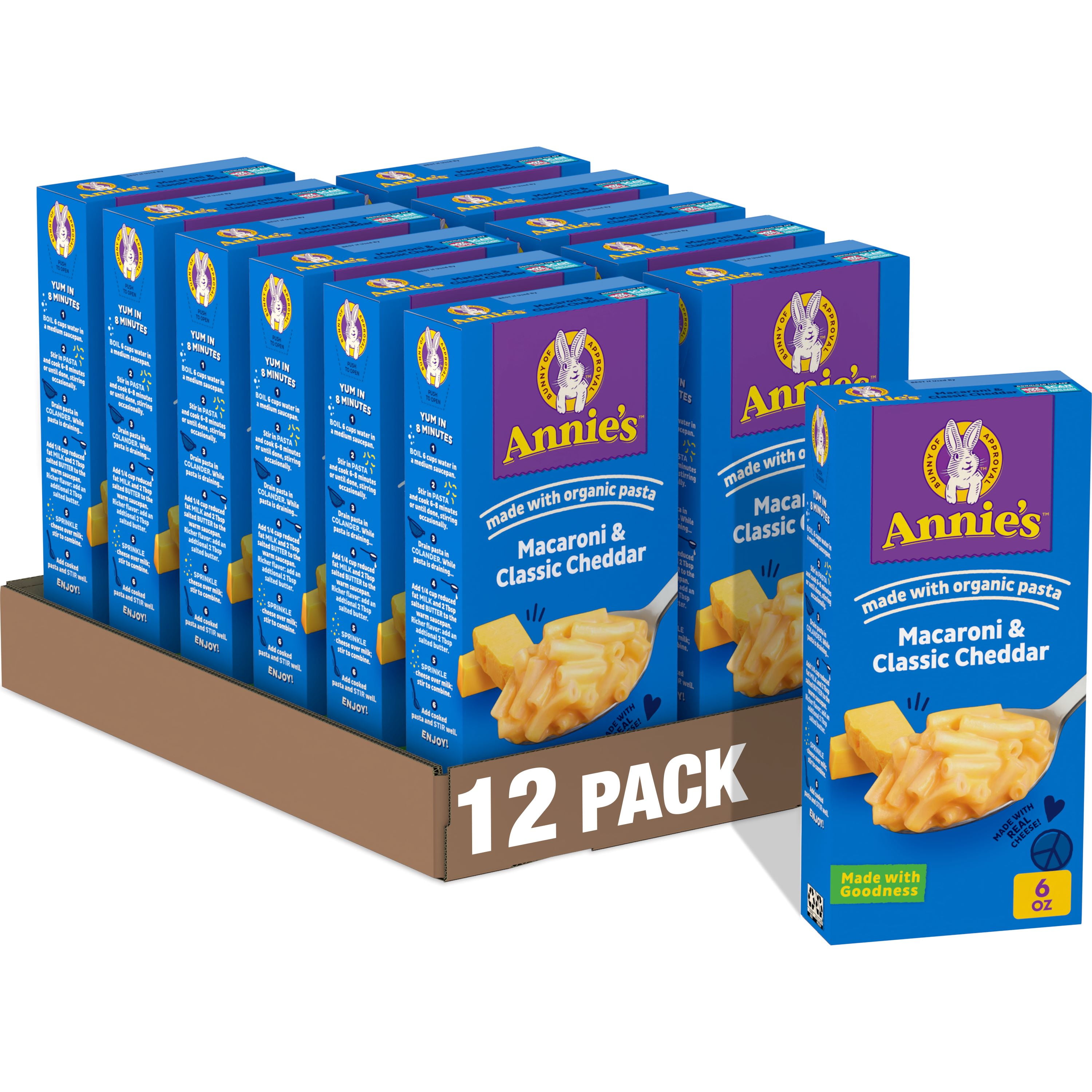 (12 pack) Annie's Macaroni and Classic Cheddar with Organic Pasta, Made with Real Cheese, 6 oz