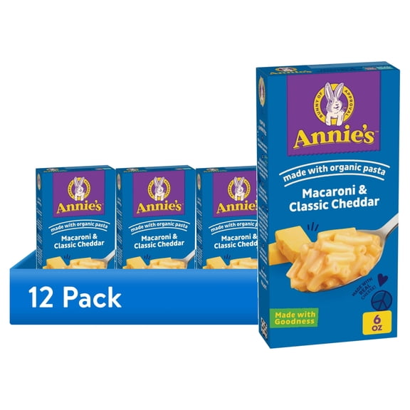 (12 pack) Annie's Macaroni and Classic Cheddar with Organic Pasta, Made with Real Cheese, 6 oz