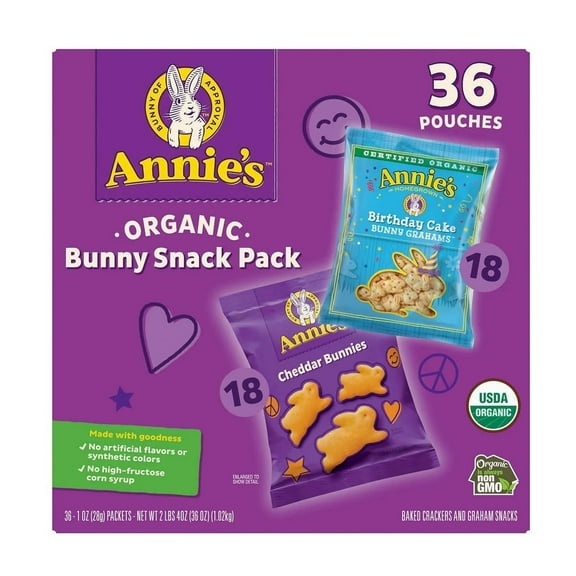 Annie's Organic Birthday Cake Bunny Grahams and Cheddar Bunnies Snack Pack 36 Count, 36 oz