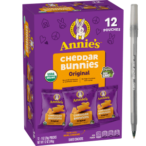 Annie's Organic Cheddar Bunnies Original Baked Snack Crackers with pen